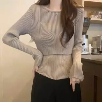 Вязаный женский свитер с длинным рукавом, однотонный, облегающий, с круглым вырезом, пуловер, осень-зима, модный, элегантный трикотаж One Size чёрный