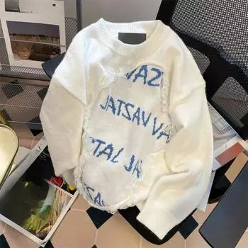 Вязаный женский свитер с длинными рукавами и бахромой, американский ретро-свитшот с буквами, осенний повседневный универсальный топ M белый