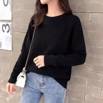 Вязаный женский свитер с капюшоном весна/осень корейского производства, однотонный, с круглым вырезом и длинным рукавом, облегающий свитер с основой, вязаный свитер M чёрный