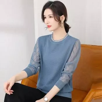 Вязаный женский свитер с рукавами из пряжи внутри, тонкая основа, топ с кружевными рукавами S