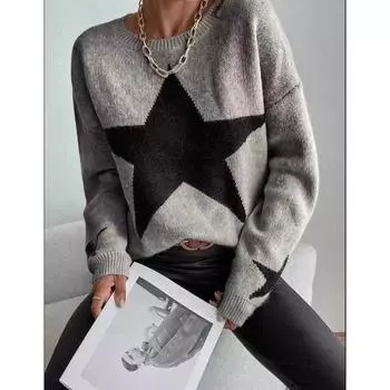 Вязаный женский свитер, свободный повседневный свитер с круглым вырезом и звездой, толстый повседневный пуловер, женский джемпер, элегантный зимний осенний модный свитер S чёрный