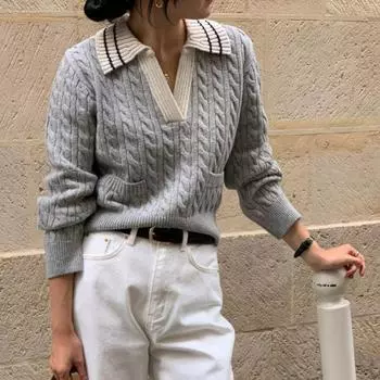 Вязаный женский свободный пуловер с длинными рукавами и цветными блоками One size белый