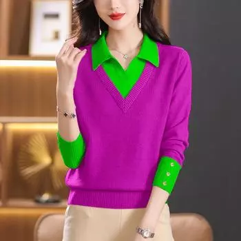 Вязаный женский топ с длинным рукавом, имитация двух частей, осенняя новая модная стильная рубашка, теплый свитер, базовый слой, топы S фиолетовый