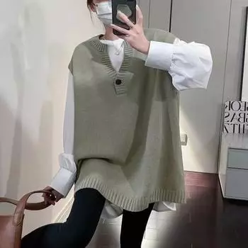 Вязаный жилет 2024 осень новый без рукавов и тонкий наборный наряд свободный и универсальный женский жилет свитер One Size