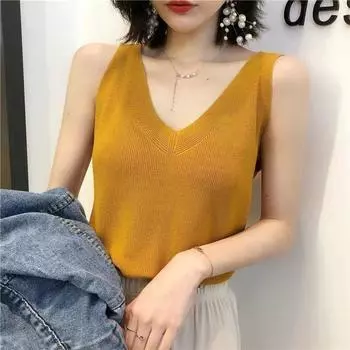 Вязаный жилет без рукавов с V-образным вырезом, женская водолазка, короткая свободная универсальная трикотажная нижняя рубашка S