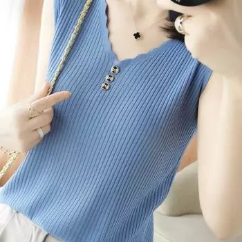 Вязаный жилет без рукавов с V-образным вырезом, женская водолазка, короткая, свободная, универсальная, трикотажная нижняя часть рубашки S