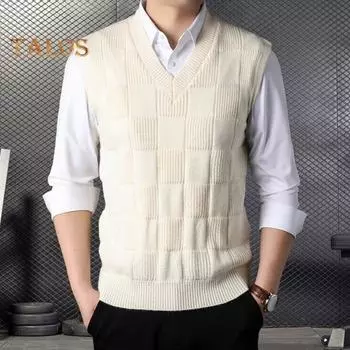 Вязаный жилет без рукавов с V-образным вырезом, однотонный, с геометрическим узором в виде квадратов, вязаные топы, осень-зима, повседневная трикотажная майка L бежевый