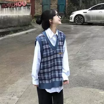 Вязаный жилет Harajuku, осень-зима, винтажный студенческий стиль, японский свитер, жилет, повседневный тренд, уличная одежда, свободный жилет S