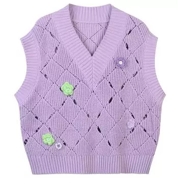 Вязаный жилет крючком с цветочным принтом, женские открытые топы без рукавов, красочный вязаный пуловер, повседневный трикотаж с v-образным вырезом C-242 S лавандовый