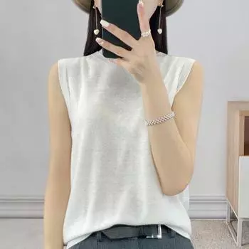 Вязаный жилет круглый однотонный женский камзол с отделкой обычного кроя с ребристым вырезом без рукавов, летний бесшовный низ S чёрный