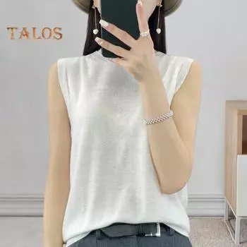 Вязаный жилет с круглым вырезом без рукавов, сплошной цвет, камзол, обычный крой, с ребристой отделкой, женский летний бесшовный топ S чёрный