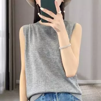 Вязаный жилет с круглым вырезом без рукавов, сплошной цвет, камзол, обычный крой, с ребристой отделкой, женский летний бесшовный топ S чёрный