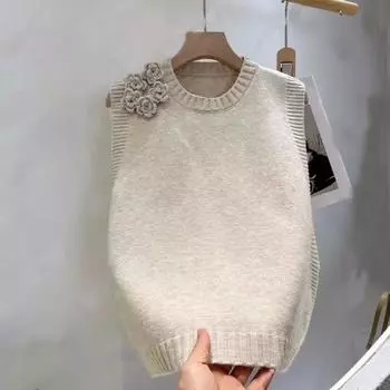 Вязаный жилет с круглым вырезом для женщин весной и осенью, новая свободная верхняя одежда с жакетом, многослойная верхняя одежда со свитером, тренд на плечевых манжетах