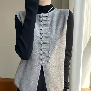 Вязаный жилет с пряжкой в национальном стиле, женский кардиган, свободная безрукавка, верхняя одежда для осени и зимы, свитер с круглым вырезом M