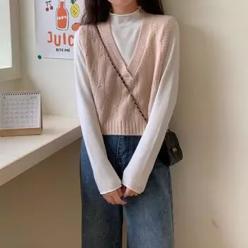 Вязаный жилет с v-образным вырезом, осенне-зимний корейский жилет без рукавов, женский модный и универсальный короткий жилет, свитер, пуловер One Size синий