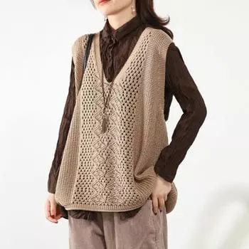 Вязаный жилет с V-образным вырезом в стиле ретро, женский тонкий топ без рукавов, свободный трикотажный пуловер, повседневные свитера на весну и осень S верблюд