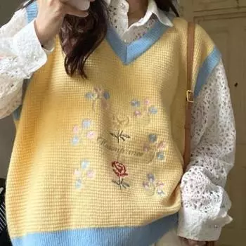 Вязаный жилет с вышитым маленьким цветком для женщин, контрастный цвет, женская майка с V-образным вырезом, без рукавов, универсальные свитера One Size