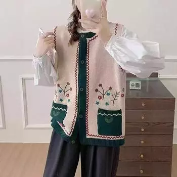 Вязаный жилет с вышивкой в стиле ретро, национальный тренд, с круглым вырезом, женский, модный, универсальный, без рукавов, кардиган-жакет, весна-осень ONESIZE зелёный