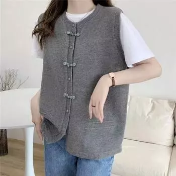 Вязаный жилет в национальном стиле с круглым вырезом, женский кардиган с жилетом, наложенным на однотонный свитер без рукавов, жилет, куртка для женщин One Size серый