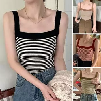 Вязаный жилет в полоску в стиле ретро с квадратным воротником, без рукавов, с широкими бретелями, топ на бретельках, клубная одежда зелёный