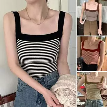 Вязаный жилет в полоску в стиле ретро с квадратным воротником и широкими плечами без рукавов абрикосовый