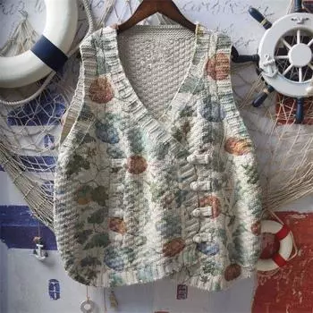 Вязаный жилет в японском стиле для мягкой девушки, литературный, свежий, с цветочным узором, винтажный, на пуговицах, без рукавов, жилет S