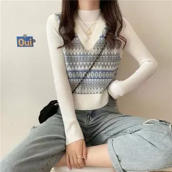 Вязаный жилет в стиле колледжа в стиле ретро для женщин, осенне-зимний жилет в Гонконгском корейском стиле, свитер с v-образным вырезом, женский пуловер One Size чёрный