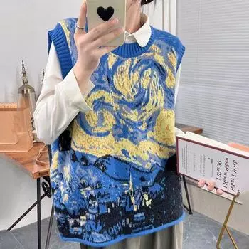 Вязаный жилет в стиле масляной живописи, женский вязаный пуловер с круглым вырезом, уникальный свитер без рукавов, свободная трикотажная рубашка в стиле ретро, осень M синий