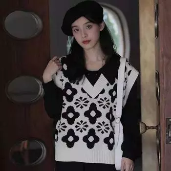 Вязаный жилет женская верхняя одежда на осень и зиму, новый пуловер в стиле ретро, верхняя одежда для свитера, камзол с v-образным вырезом, свободный женский жилет