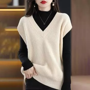 Вязаный жилет женский однотонный свободный пуловер с v-образным вырезом, удобные теплые универсальные вязаные топы без рукавов S белый