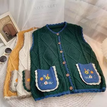 Вязаный жилет, женский осенне-весенний кардиган без рукавов с v-образным вырезом, эластичная маленькая майка с карманами и принтом, свитер, жилеты S белый