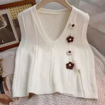 Вязаный жилет женский осенний японский свободный крой V-образный вырез без рукавов тонкий свитер жилет ленивый стиль S белый
