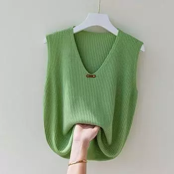 Вязаный жилет женский свободного покроя из шелка Ice Silk, майка без рукавов, свободный свитер, жилет, повседневный жилет с V-образным вырезом M белый