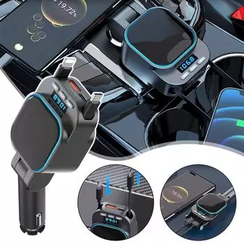 VR Robot FM Transmitter Bluetooth 5.3 Car MP3 Player 96W PD Type-c+QC3.0 Fast Car Charger with 2 Retractable Cables For Pho A8I0