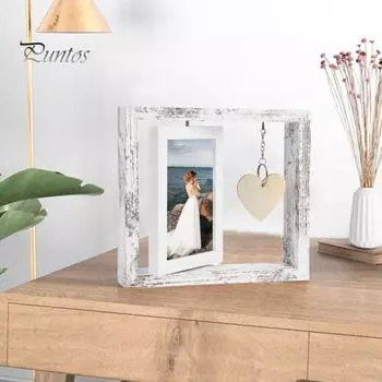 Вращающаяся деревянная фоторамка, двухсторонний держатель для фотографий с подвеской в виде сердца, настольная отдельно стоящая фоторамка, подарки для семьи и друзей дубильная кора