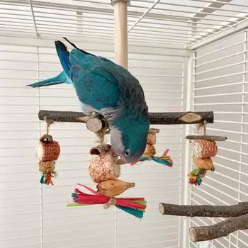 Вращающаяся игрушка-жердочка для попугая с жевательной игрушкой Подставка для жердочки из натурального дерева Аксессуар для клетки для попугаев Кореллы Неразлучники Конуры Зяблики Волнистые попугайчики A
