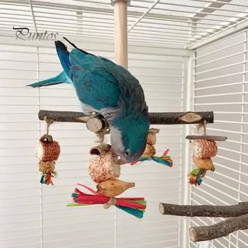 Вращающаяся игрушка-жердочка для попугая с жевательной игрушкой Подставка для жердочки из натурального дерева Аксессуар для клетки для попугаев Кореллы Неразлучники Конуры Зяблики Волнистые попугайчики A