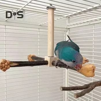 Вращающаяся игрушка-жердочка для попугая с жевательной игрушкой Подставка для жердочки из натурального дерева Аксессуар для клетки для попугаев Кореллы Неразлучники Конуры Зяблики Волнистые попугайчики A