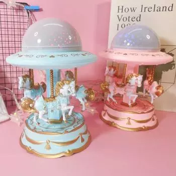 Вращающаяся лошадь, светящаяся карусель, музыкальная шкатулка, вращающиеся лошади, украшения, аксессуары для торта M розовый