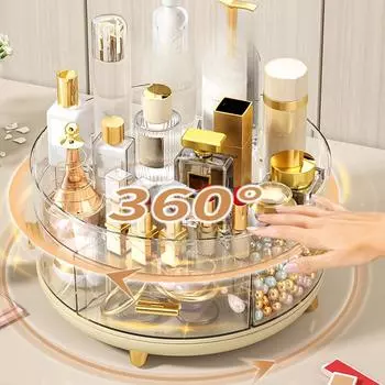 Вращающаяся на 360 ° двухслойная косметическая полка для кухонной приправы, комод для спальни, хранение тонера и лосьона для косметики