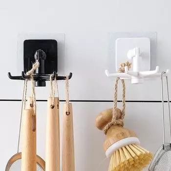 Вращающаяся на 360° кухонная стойка с шестью крючками — без проколов, бесшовное настенное хранение белый