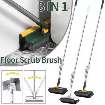 Вращающаяся щетка для мытья полов с длинной ручкой, скребок для окон, жесткая щетина, швабра 3 в 1 для ванной комнаты, кухни, щелей на полу белый