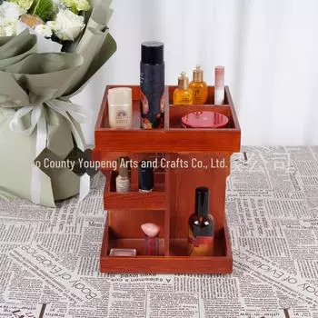 Вращающаяся стойка для хранения косметики из цельного дерева | Многослойный органайзер для средств по уходу за кожей и помады для туалетного столика 22.5*22.5*26cm