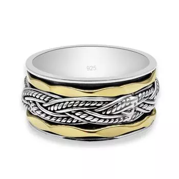 Вращающееся кольцо Clarity Meditation с 2 латунными и 1 витым спиннером из стерлингового серебра с кованым узором. Дизайнерское энергетическое кольцо. Текстурированное кольцо. 5