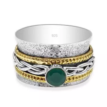 Вращающееся кольцо для медитации из натурального зеленого оникса с 2 латунными и 1 кольцом из стерлингового серебра, кованое витое кольцо 5 зелёный