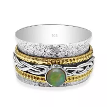 Вращающееся кольцо для медитации с натуральным эфиопским опалом и 2 латунными и 1 кольцом из стерлингового серебра, кованое скрученное кольцо 5