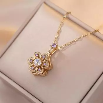 Вращающееся ожерелье с подвеской в виде цветка из циркона для женщин, модное золотого цвета, ожерелья из нержавеющей стали, вечерние ювелирные аксессуары, аксессуары