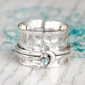 Вращающееся винтажное кольцо для снятия давления, массивное женское кольцо с кубическим цирконием в форме Луны, ювелирные изделия US 8 серебряный