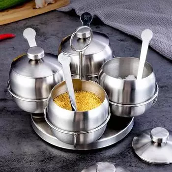 Вращающиеся банки для приправ из нержавеющей стали 304, креативная солонка, сахарница, банка для специй с крышкой, кухонная бутылка для приправ с ложкой