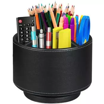 Вращающийся на 360° держатель для ручек с 4 отделениями, многофункциональный настольный органайзер из ПУ кожи/органайзер для пультов, пенал для художественных принадлежностей, пультов чёрный